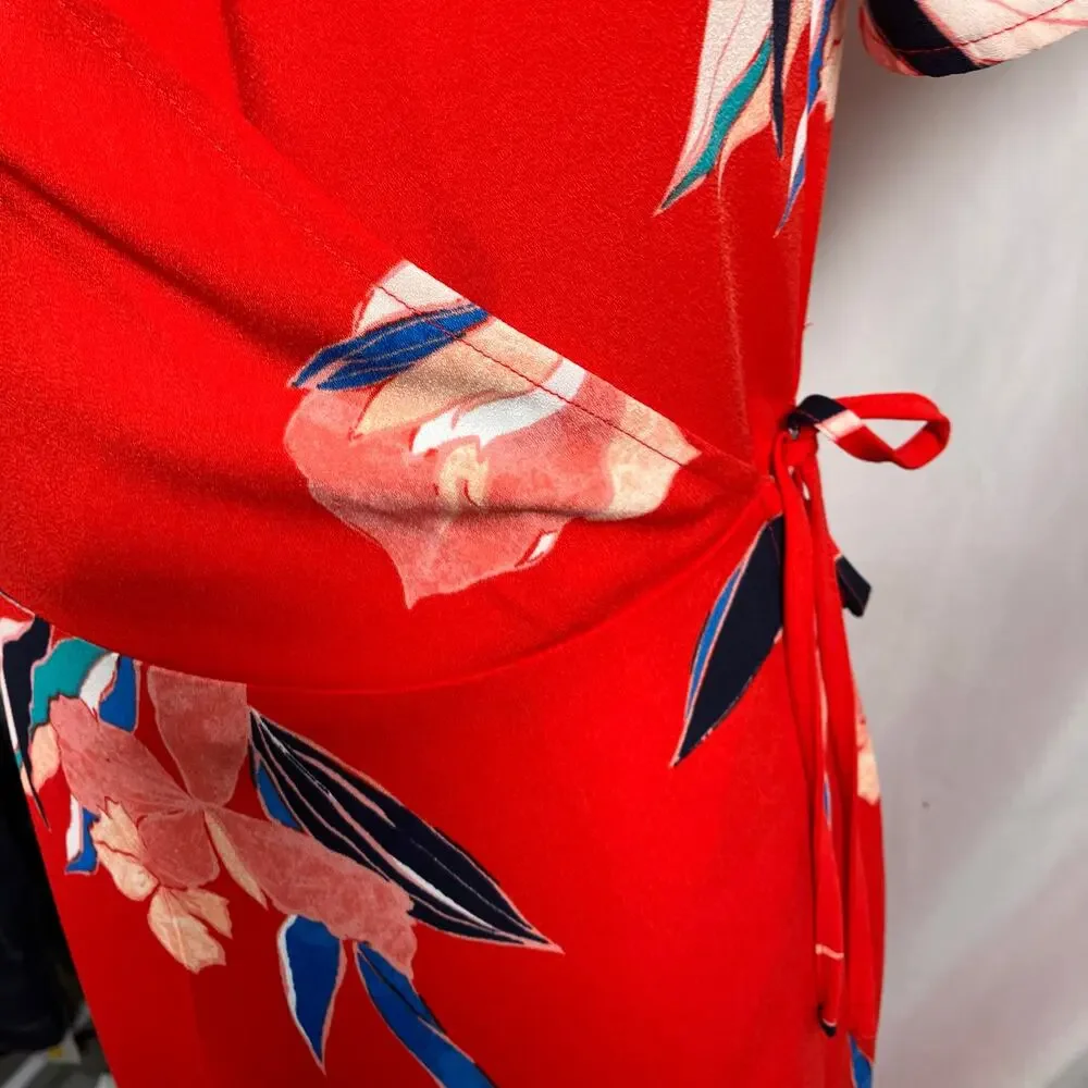A New Day Red Floral Wrap Midi Dress XS Blue Pink‎ Tie Waist Short Sleeve New